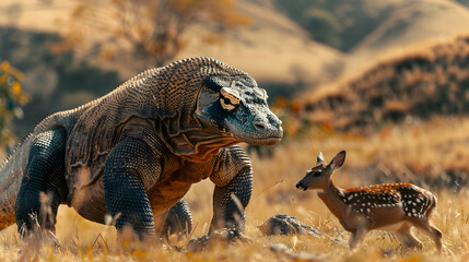 Obraz premium Powerful Komodo Dragon Hunting Deer, Demonstrating Predatory Skills in Grasslands Photorealistic Wildlife Concept