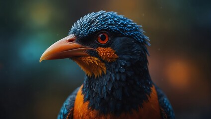 A colorful bird with a blue and orange beak, red eyes,.