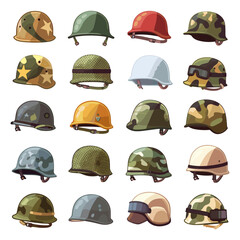 Cartoon Military Helmets. Simple Cartoon Style Icons. White Background, Army Helmet Illustrations, Combat Headgear, Tactical Gear, Soldier Protection, Military Equipment, Defense Icons, Army Uniform