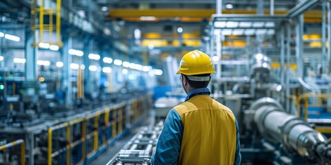 An engineer with a hard hat is looking over the machinery in an industrial factory, symbolizing quality control and manufacturing expertise
