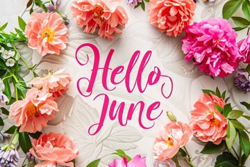 "Hello June", greeting card, flowers background, cursive text on cardboard Generative AI