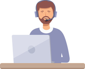 Illustrated male call center employee with headset working on a laptop