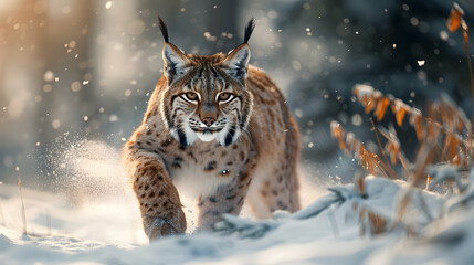Lynx hunting in snow: A photo realistic representation of a lynx showcasing agility and stealth in a winter landscape.