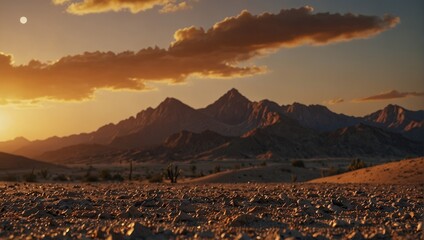 A desert landscape with mountains in the background at sunset,.