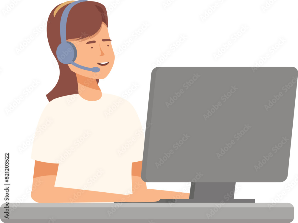 Poster smiling customer support agent with headset working at a computer station
