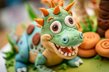 Creative 3D Fondant Dinosaur Cake Design for Children's Birthday Celebration