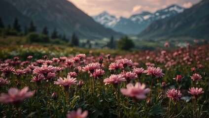 A field of pink flowers in a valley with mountains behind,.
