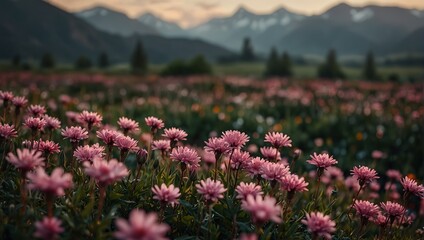 Fototapeta premium A field of pink flowers in a valley with mountains behind,.