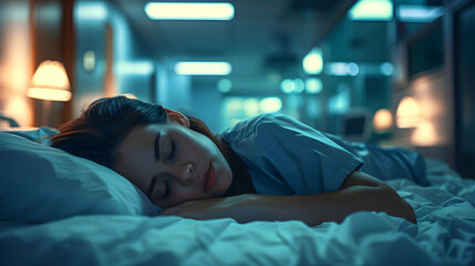 Nurse sleeping in hospital break room: Realistic depiction of physical and emotional toll of long shifts and patient care