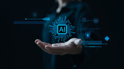 Futuristic Ai technology, business woman using artificial intelligence (AI) technology to make business more efficient Increase competitiveness, big data network technology business.