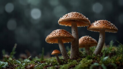 A group of mushrooms are growing against a gray background.