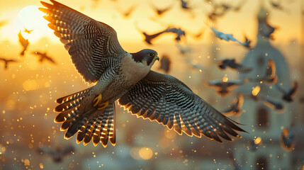 Stunning Photo Realistic Shot: Peregrine Falcon Hunting Pigeons in Urban Setting, Showcasing Speed and Adaptability