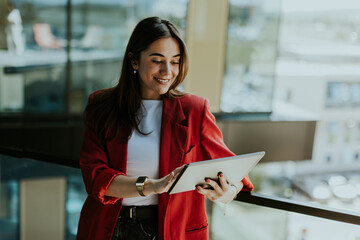 Smiling businesswoman in red blazer using tablet at modern office window in daylight