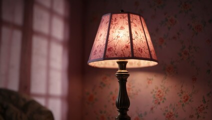 A lamp in a pink room with the sun shining through,.