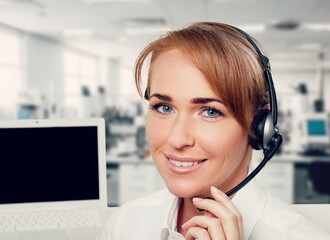 Communication, happy woman call center consulting customer services.
