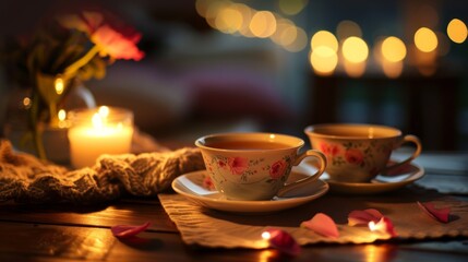 Romantic setting with two cups of tea on a table with candles.