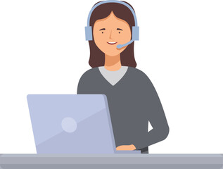 Illustration of a smiling female call center agent with headphones using a computer
