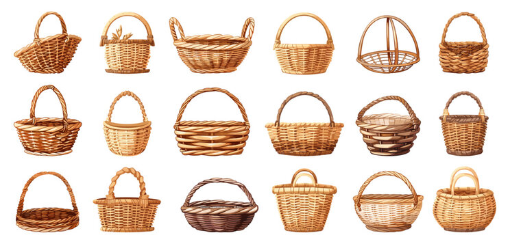 Cartoon Wicker Baskets. Simple Cartoon Style Icons. White Background, Handmade Basket Illustrations, Natural Woven Containers, Traditional Craft, Storage Solutions, Eco-Friendly Designs, Rustic Decor