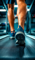 Close up of feet in running shoes, sportsman running on treadmill in gym. Cardio workout. Healthy lifestyle, guy working out in gym.