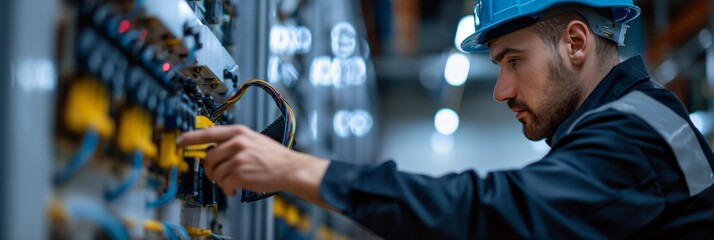 A skilled electrician is wiring an industrial control panel with complex electrical components