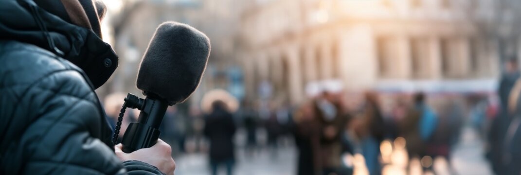 A journalistic scene with a reporter holding a microphone, ready to interview at an outdoor event