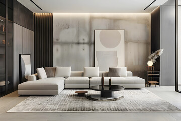 Serene & Modern Living Room Design, Minimalist Furniture, Subtle Wall Accents