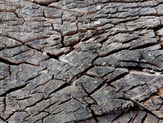 Wooden texture of the surface of an old black cracked deep cracked wooden stump on the street under the burning sun at an angle.