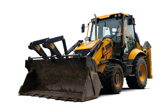 yellow backhoe loader on white background