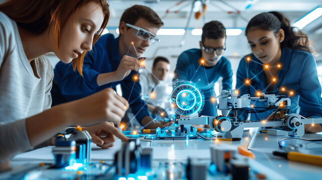 Three focused teenagers working together on a robotics project in a lab, highlighting teamwork, innovation, and STEM education.