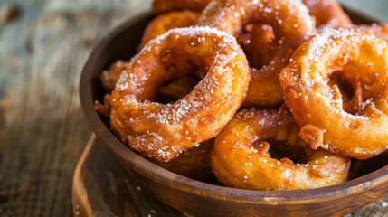 Close-up of freshly fried ukrainian pampushky doughnuts dusted with sugar, served in a rustic wooden bowl on a wooden table