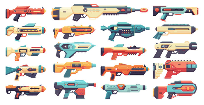 Flat Set of Laser Blasters in Different Colors and Shapes. Simple Vector Illustration on White Background, Futuristic Weapons, Sci-Fi Armory, Energy Guns, Space Shooter Equipment, Blaster Collection