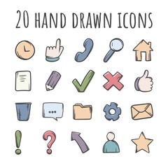 Set of 20 hand drawn vector color icons related to social media and communication for business, website and design