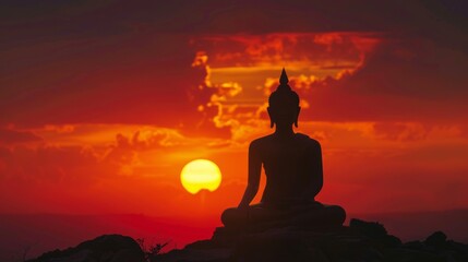 Silhouette of a Buddha statue in meditation pose with a fiery sunset.