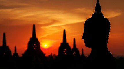 Silhouette of a Buddha statue with temple spires in the background at sunset.