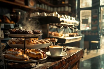 Cozy Coffee Shop Scene with Baked Goods and Steaming Cups of Coffee for Perfect Breakfast Moments