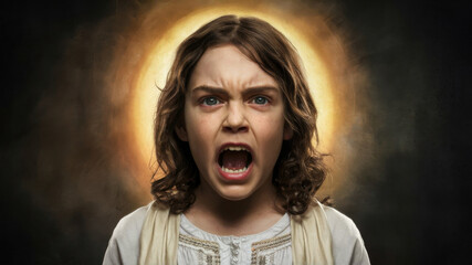 Angry Young Jesus with Halo of Rays on His Head