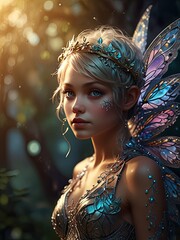 Obraz premium A fairy model with flowing hair and sparkly wings holds a magic wand in a studio portrait