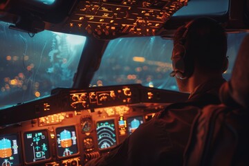Fototapeta premium Cargo Plane Cockpit at Night - Pilot's Viewpoint, Air Freight Logistics, Aviation Industry