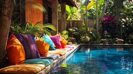 contrast between the vibrant colors of the pillows and the natural surroundings of the pool area generative ai