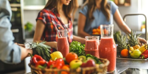 A group of friends are gathered around a kitchen island, enjoying freshly made healthy smoothies and chatting