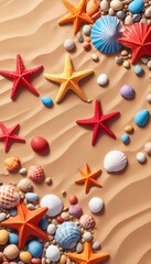  Colorful starfish and seashells on a sandy beach with waves in the background