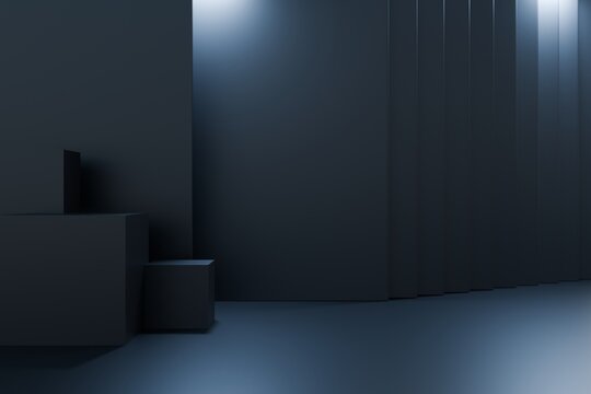 Interior dark room, hangar with concentrate wall and floor, fog and mist environment. 3d render. 