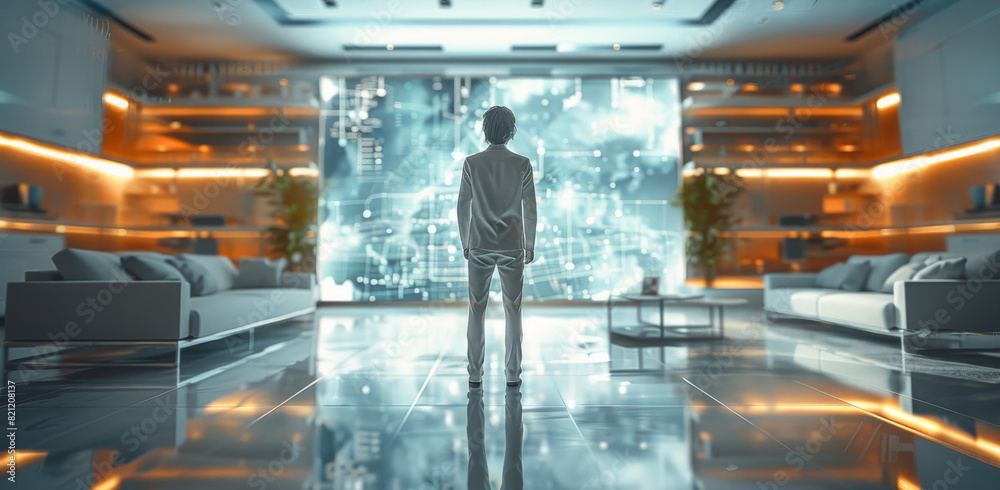 Poster a sophisticated and elegant digital person, seamlessly integrated into a modern and high-tech living
