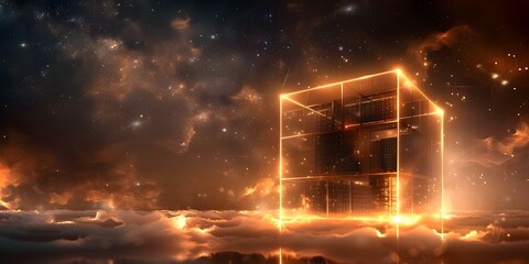 Advanced data center cube surrounded by glowing lights in a starry sky. Concept Technology, Data Center, Innovation, Futuristic, Starry Sky