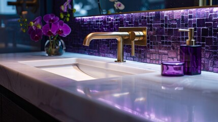 contrast between the white of the sink and the countertop, the brass of the faucet and the purple tiles generative ai