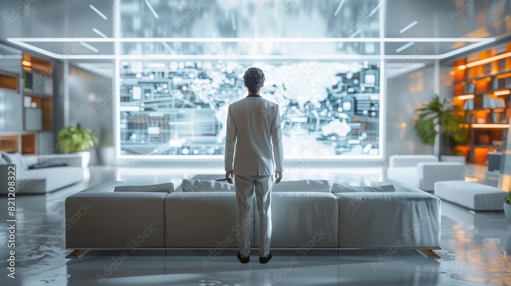 Poster a sophisticated and elegant digital person, seamlessly integrated into a modern and high-tech living
