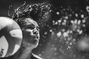 Dynamic Black and White Action Portrait of a Focused Beach Volleyball Player in Motion with Sand...