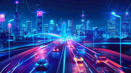 Fototapeta premium futuristic cityscape with seamless 5G connectivity, showing autonomous vehicles and smart infrastructure, in a vibrant, high-tech style. 