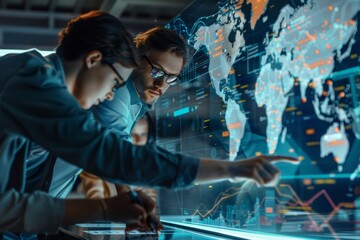 Global Logistics Team Planning Routes with 3D Digital Map Interface for Strategy Development