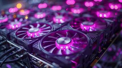 Closeup of graphics card with purple fans in the background, high tech server room background, purple lighting, dark tones. Generative AI.